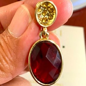 Vintage Dalsheim Earrings Clip On Dangle Drop Dark Red Faceted Bead/ Rhinestone